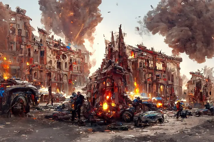 Postapokaliptyczna scena z rozpadającymi się budynkami, płonącym pojazdem opancerzonym i rozrzuconymi ogniskami pożarów. Pośród zniszczeń stoi samotna postać, oddająca chaos i spustoszenie.