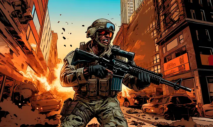 Żołnierz w stroju bojowym do działań miejskich biegnie z karabinem po zasypanej gruzem ulicy miasta. Budynki są zniszczone, a samochód eksploduje, tworząc napiętą, chaotyczną scenę.