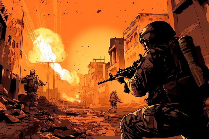 Żołnierze na zniszczonej wojną ulicy miasta przygotowują się na wybuch. Intensywny pomarańczowy kolor nieba i sylwetki oddają chaos i pilność sytuacji. Ziemia pokryta jest gruzem.