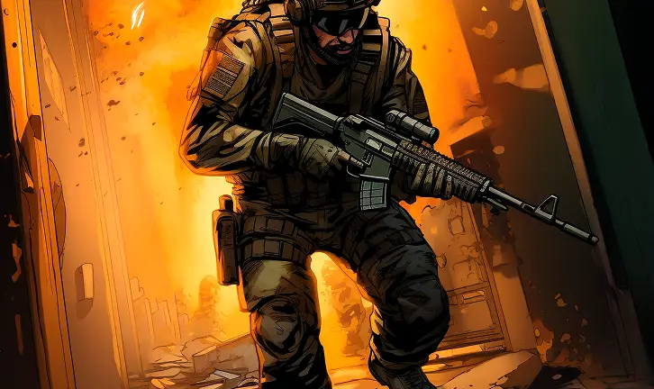 Żołnierz w stroju bojowym celuje z karabinu w słabo oświetlonym pomieszczeniu, w którym dominuje intensywne czerwone i niebieskie światło. Scena ta oddaje napięcie i skupienie.