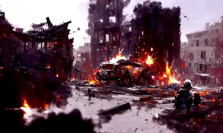 Żołnierz w stroju bojowym kroczy przez płonące miejskie pole bitwy, trzymając karabin. Pomarańczowe płomienie i ciemne niebo wywołują intensywne, dramatyczne napięcie.